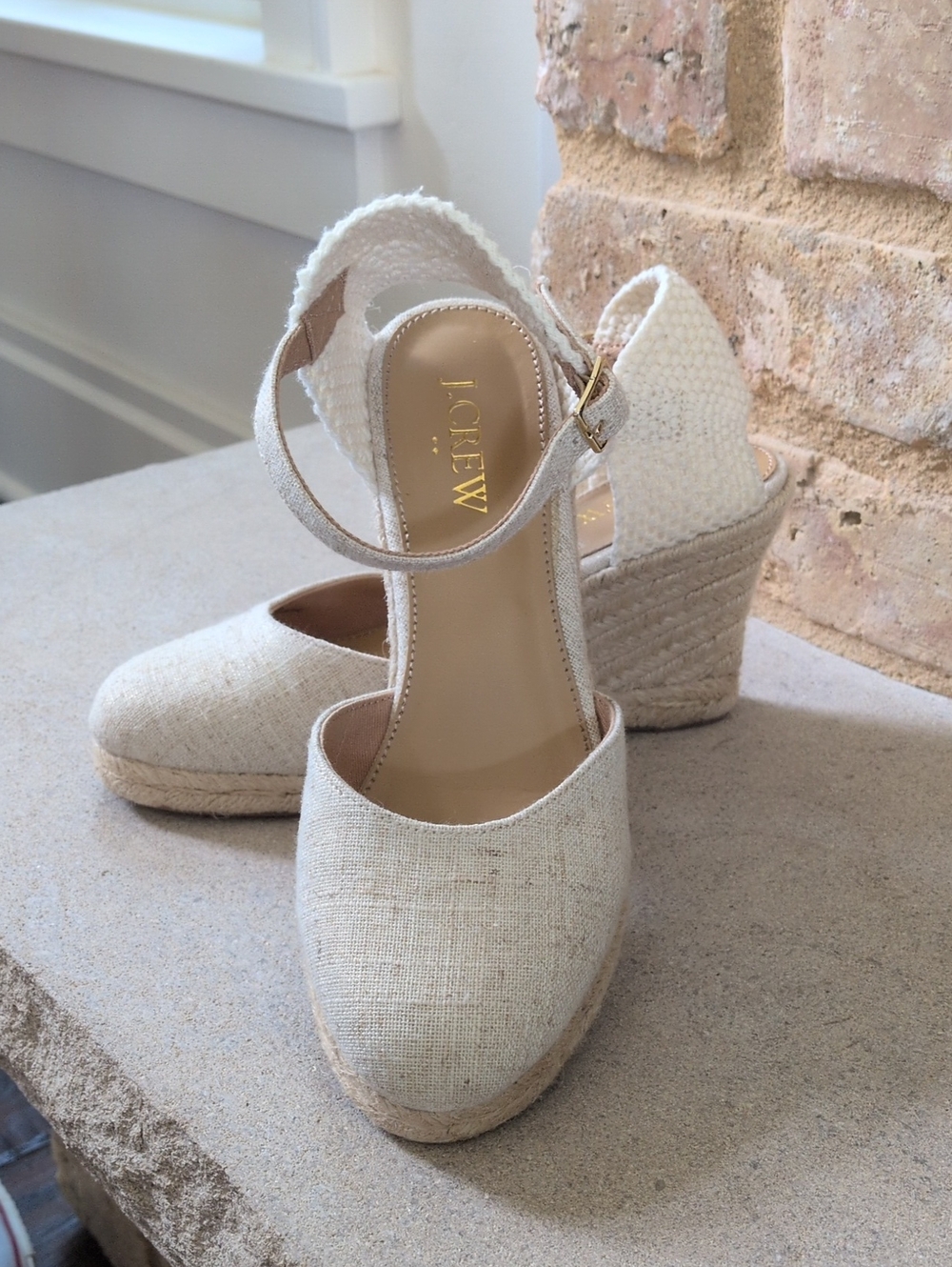 J. CREW I NWT Cream & Metallic Gold Ankle Strap Espadrille Wedge Sandals, 5